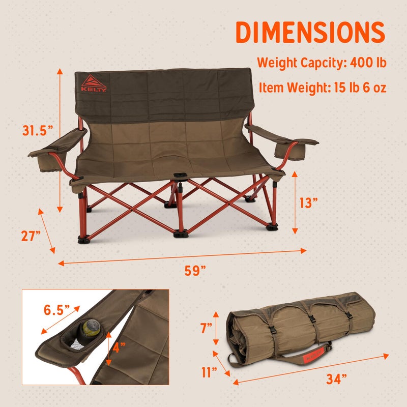 Kelty Low Loveseat Oversized 2-Person Heavy Duty Folding Camp Chair, Double Seat for Soccer Games, Tailgating, Beach Days (Low Height/Bungee) - Image 2