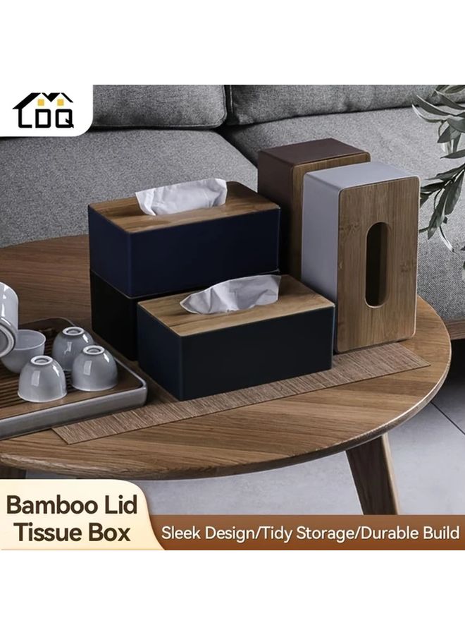 Modern Black Plastic Tissue Box With Bamboo Cover Space Saving Dispenser - Image 2