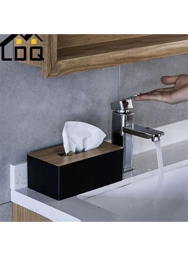Modern Black Plastic Tissue Box With Bamboo Cover Space Saving Dispenser - Image 3