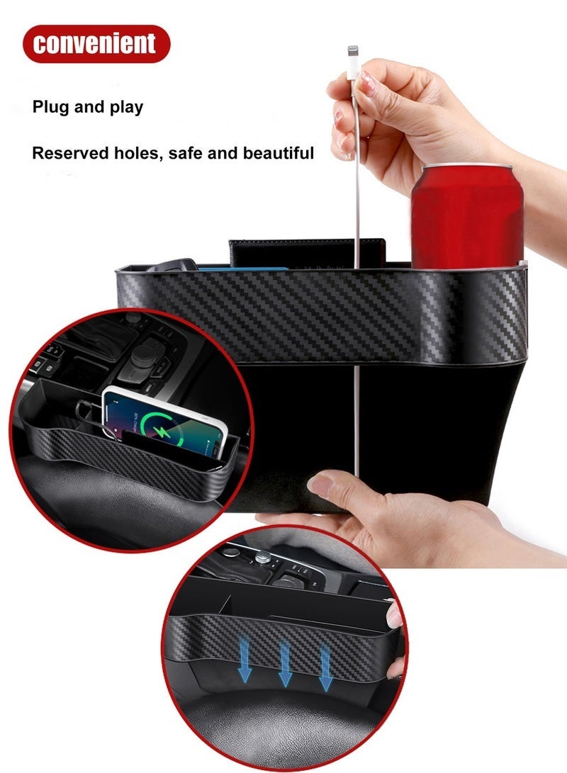 عبوة من قطعتين من حشو فجوات مقعد السيارة، منظم لمقعد السيارة، وحدة التحكم في السيارة مع حامل أكواب وفتحة كابل شحن للأكواب والهواتف المحمولة والمفاتيح والشواحن (نمط ألياف الكربون) - Image 4