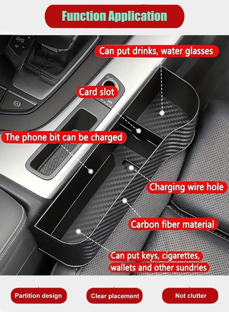 عبوة من قطعتين من حشو فجوات مقعد السيارة، منظم لمقعد السيارة، وحدة التحكم في السيارة مع حامل أكواب وفتحة كابل شحن للأكواب والهواتف المحمولة والمفاتيح والشواحن (نمط ألياف الكربون) - Image 5