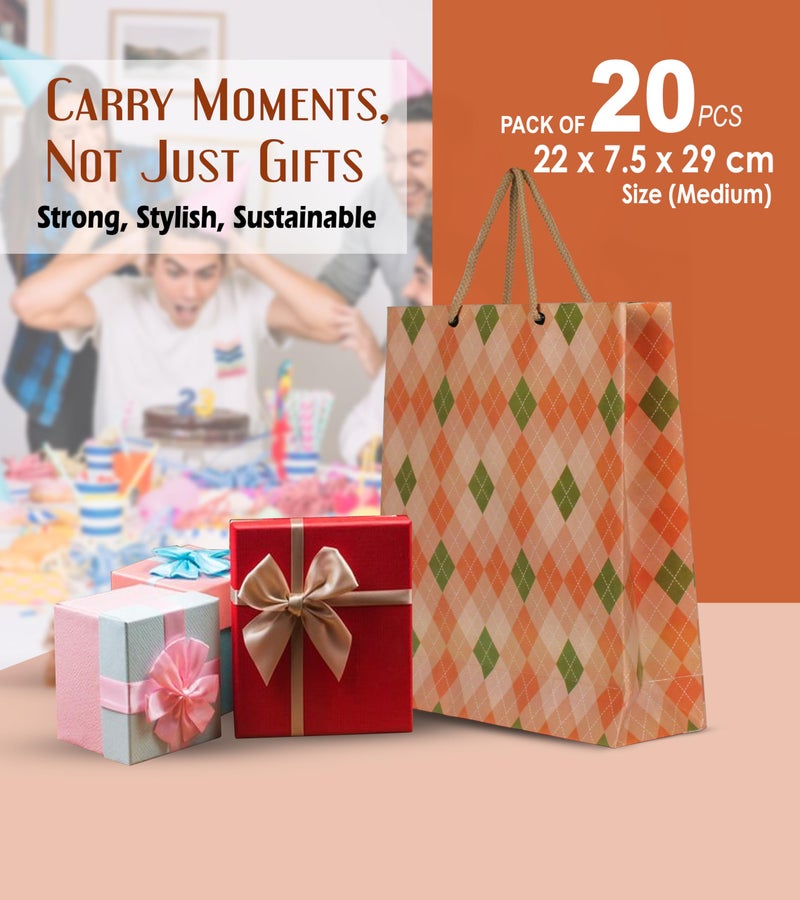 KOSY Pack Of 20 Gift Carry Bag | Eco-Friendly Recycle Paper Bag For Gifting | Sturdy & Versatile Paper Bag For Shopping | Medium Gift Bag 29x7.5x22 CM | Carry Bag For Gifting Burfi Check Design - Image 2