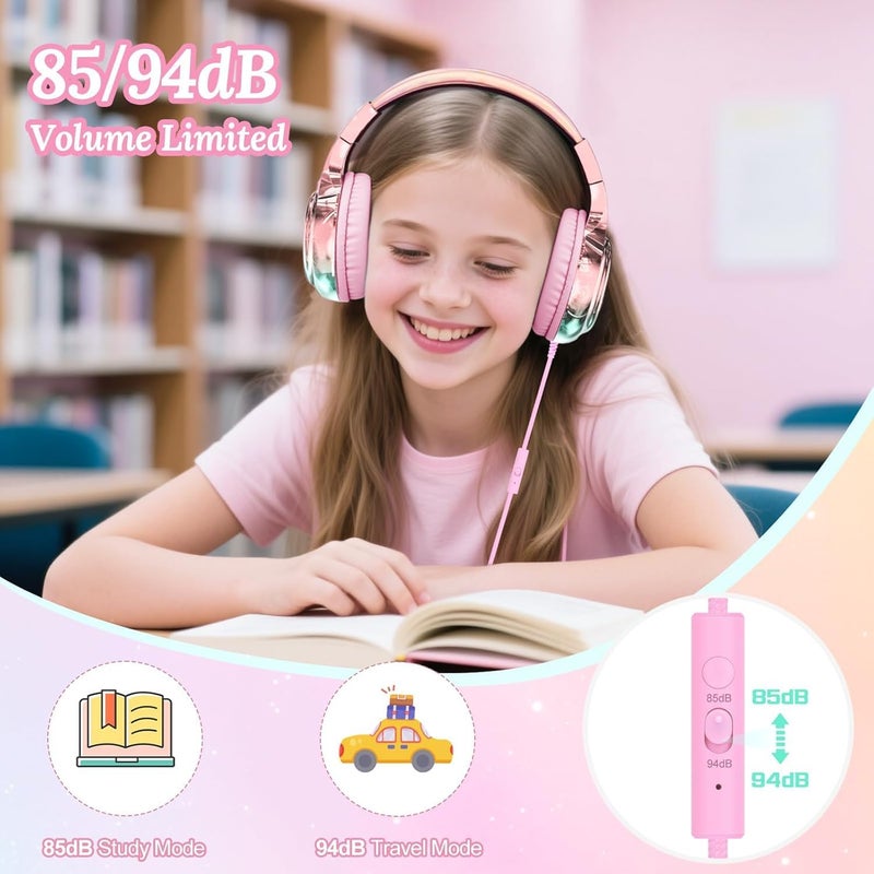 جي واي بي اس JYPS سماعات رأس للأطفال بمنفذ USB-C سلكية مع ميكروفون، حد أمان الصوت 85/94 ديسيبل، قابلة للطي فوق الأذن، سلك غير متشابك ومنفذ مشاركة، سماعة رأس سلكية على الأذن للمدرسة، كروم بوك، جهاز لوحي، السفر، للأولاد والبنات (وردي) - Image 3