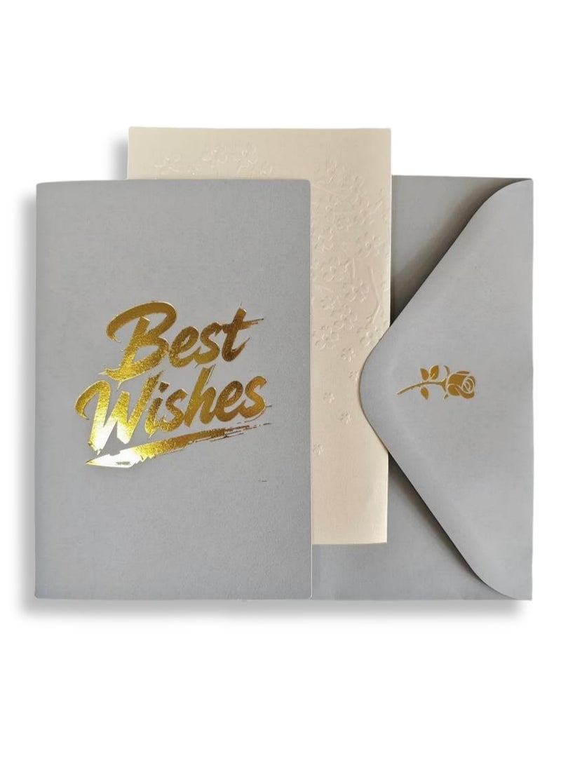 BenQuand Luxury Grey & Gold Foil 'Best Wishes' Greeting Card Set with Envelope, Stickers - Best Wishes Greeting Card - Postcard ，Perfect Gift for Middle East Celebrations - Image 1