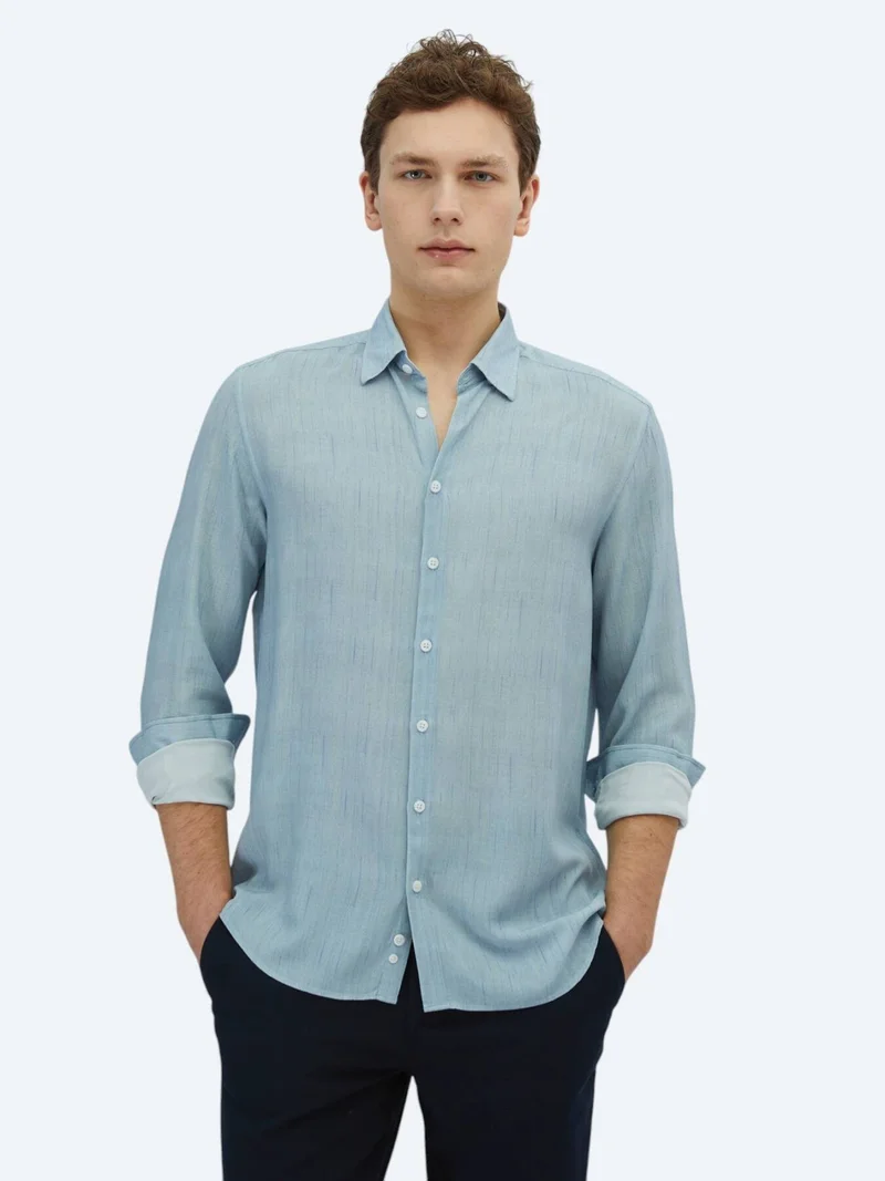 Kip Blue Printed Regular Fit Long Weaving Casual Shirt