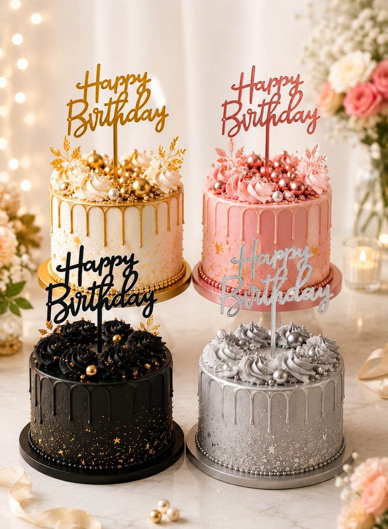 We Happy 4 Pieces Happy Birthday Cake Topper | Premium Mirrored Acrylic Cake Decoration | Elegant Reusable Party Decor - Image 1