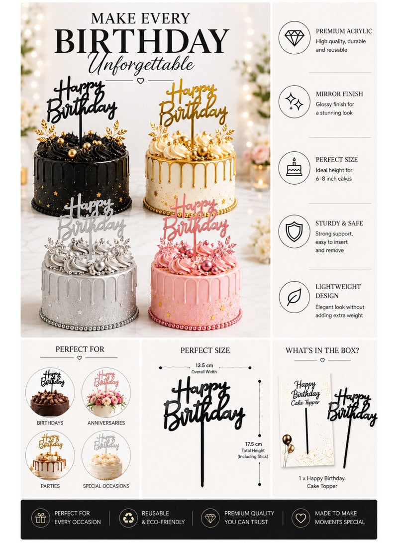 We Happy 4 Pieces Happy Birthday Cake Topper | Premium Mirrored Acrylic Cake Decoration | Elegant Reusable Party Decor - Image 2