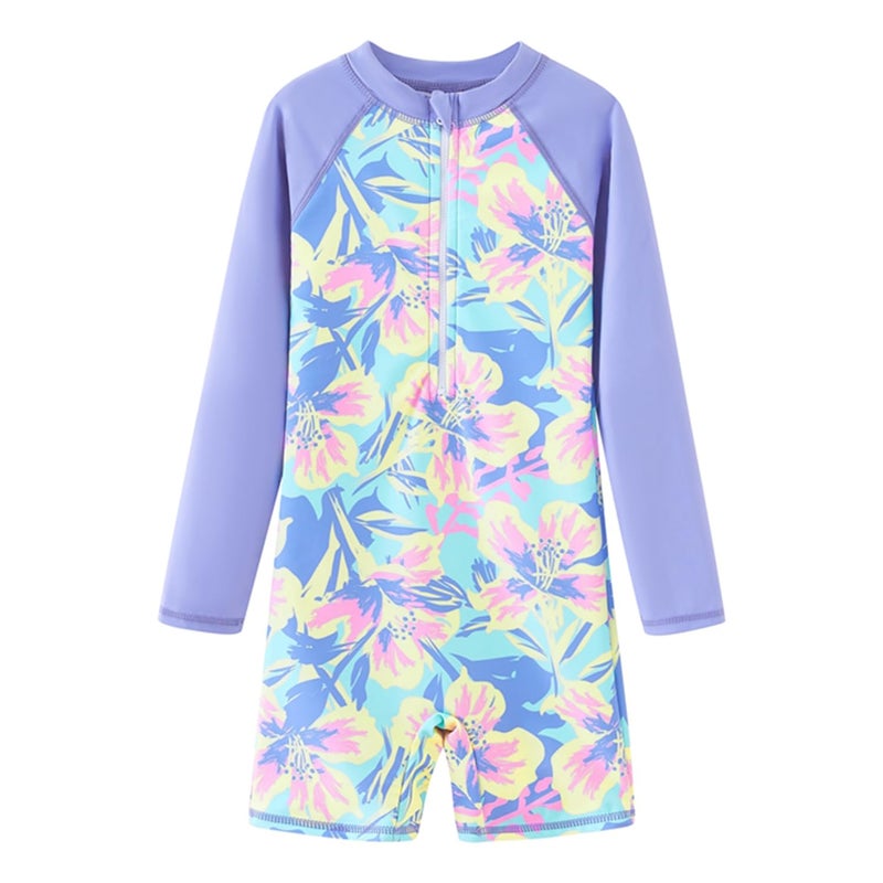 UMELOK Girls Rash Guard Long Sleeve One Piece Swimsuits with UPF 50+ Sun Protection Zipper Bathing Suits Lavender Colored Flowers,10Y - Image 1