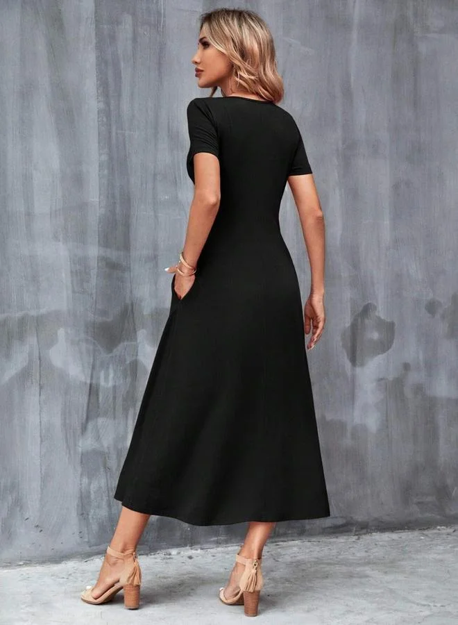 Take Two Black Short Sleeve A-Line Midi Dress with Pockets