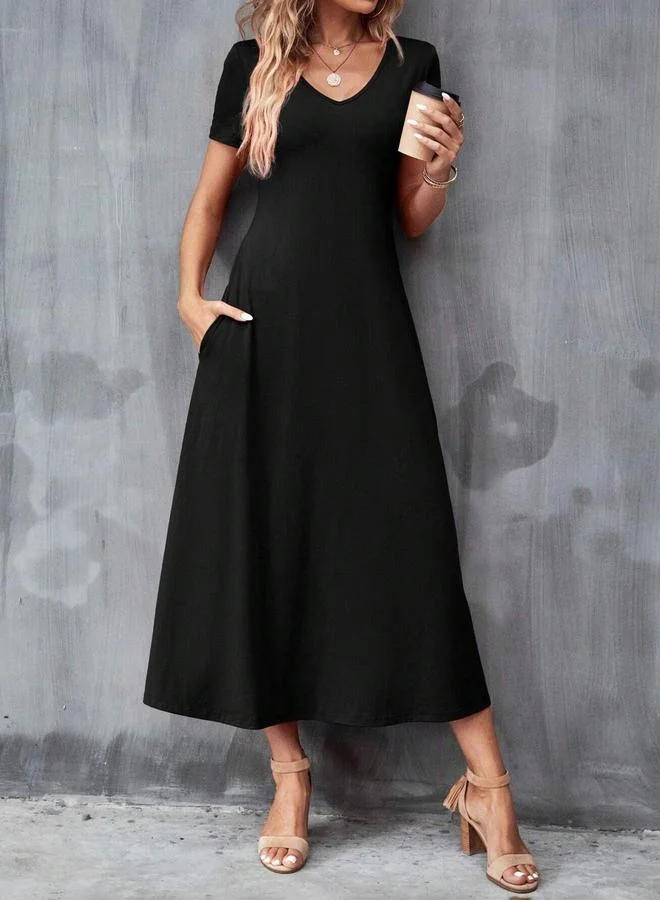 Take Two Black Short Sleeve A-Line Midi Dress with Pockets