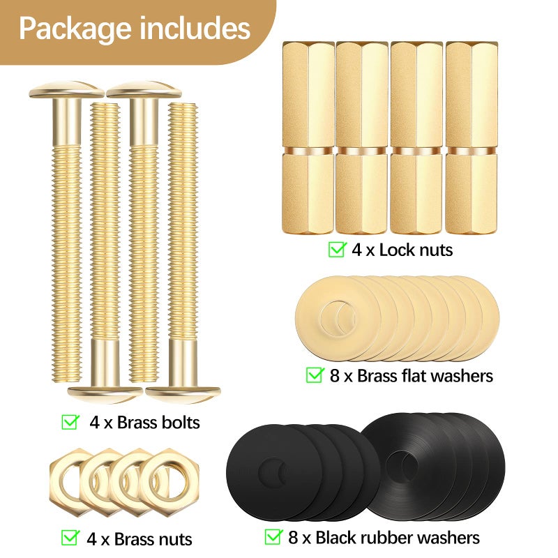 Hotop 4 Pack Toilet Tank to Bowl Bolt Kits, Heavy Duty Bolts Toilet Bolts for Tank Stainless Steel and Brass with Extra Long Nuts Rubber Washers Easy to Install and Double Gaskets for Fastening - Image 2