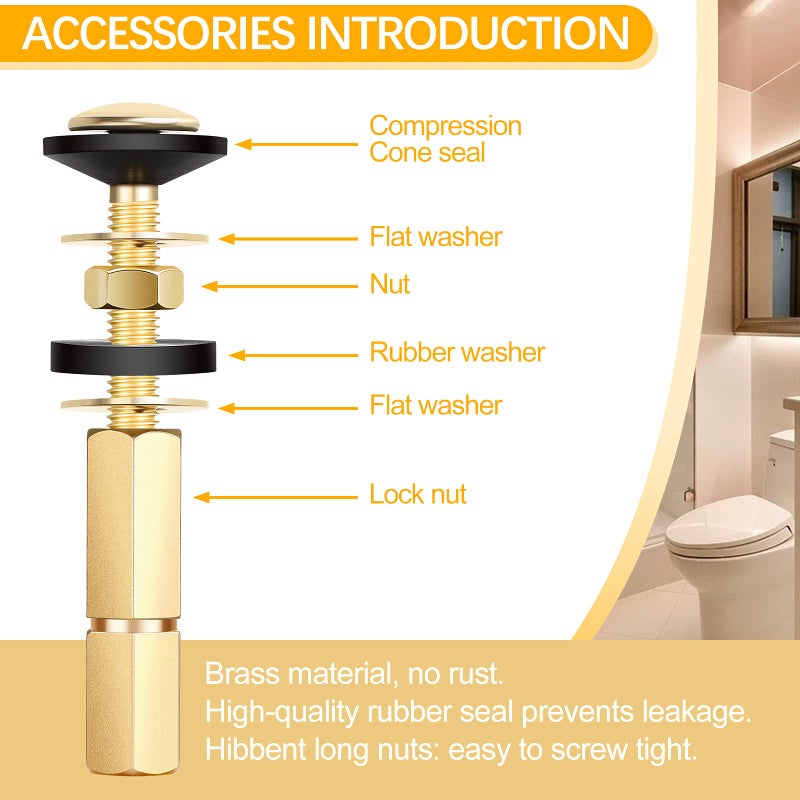 Hotop 4 Pack Toilet Tank to Bowl Bolt Kits, Heavy Duty Bolts Toilet Bolts for Tank Stainless Steel and Brass with Extra Long Nuts Rubber Washers Easy to Install and Double Gaskets for Fastening - Image 4