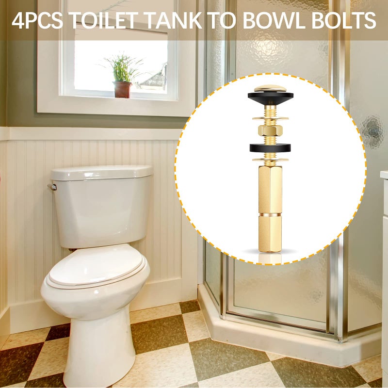 Hotop 4 Pack Toilet Tank to Bowl Bolt Kits, Heavy Duty Bolts Toilet Bolts for Tank Stainless Steel and Brass with Extra Long Nuts Rubber Washers Easy to Install and Double Gaskets for Fastening - Image 3