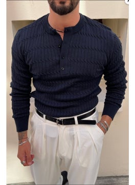 Cool Tarz Men's Mandarin Collar Button Embroidered Knitwear Sweater  - Image 2