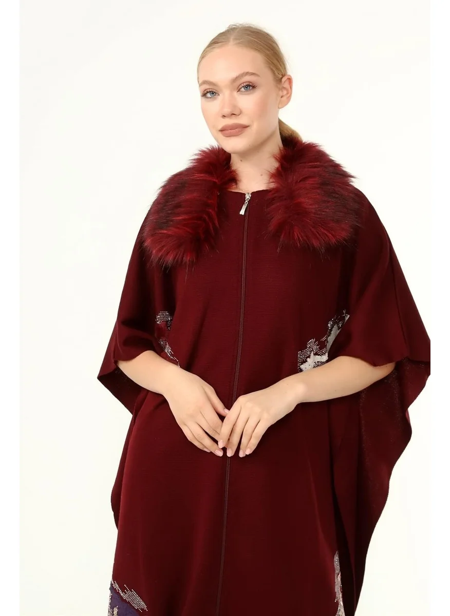 Garmi Women's Collar Fur Detailed Sequined Poncho Claret Red