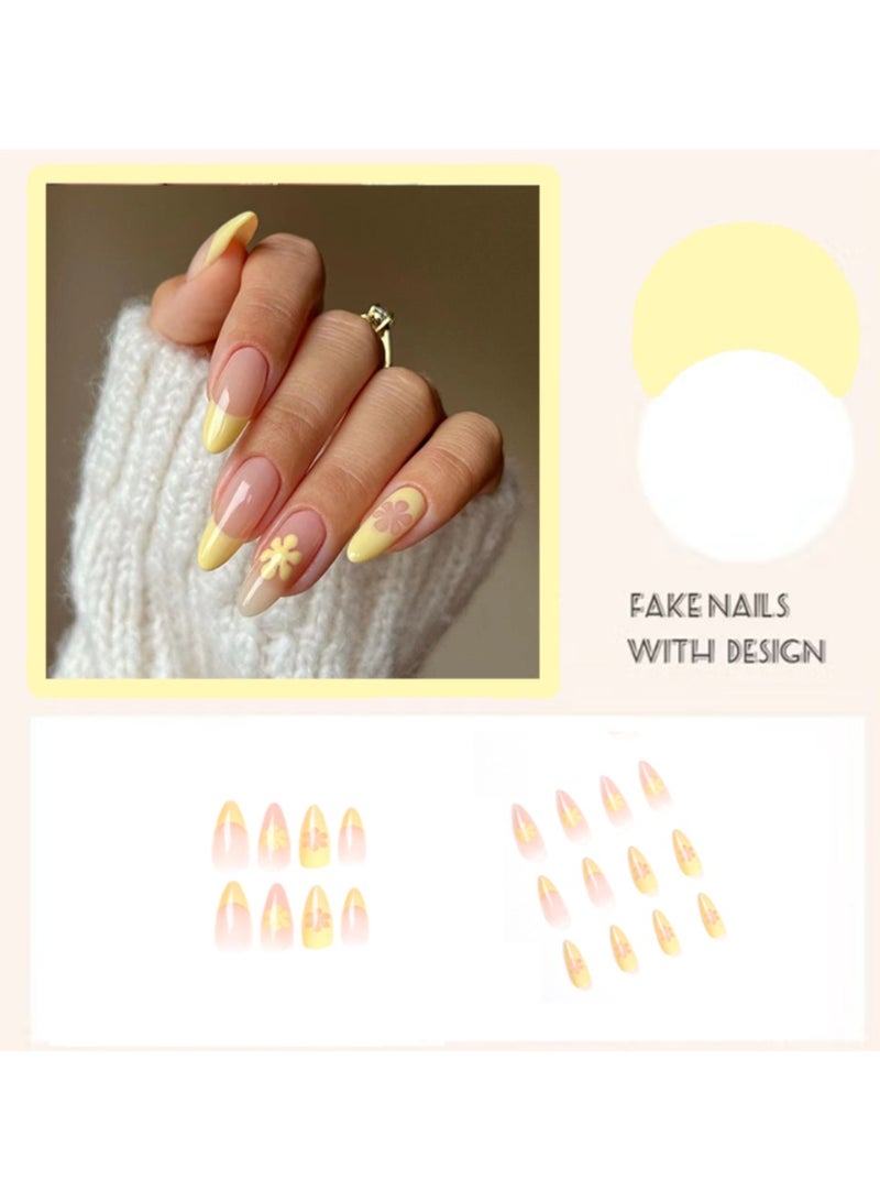 جوسكوين أظافر اصطناعية 24 قطعة ، أظافر فرنسية اصطناعية طويلة مع تصاميم زهور مفعمة بالحيوية ، أظافر أكريليك مزيفة متوسطة مع طقم غراء - Image 2