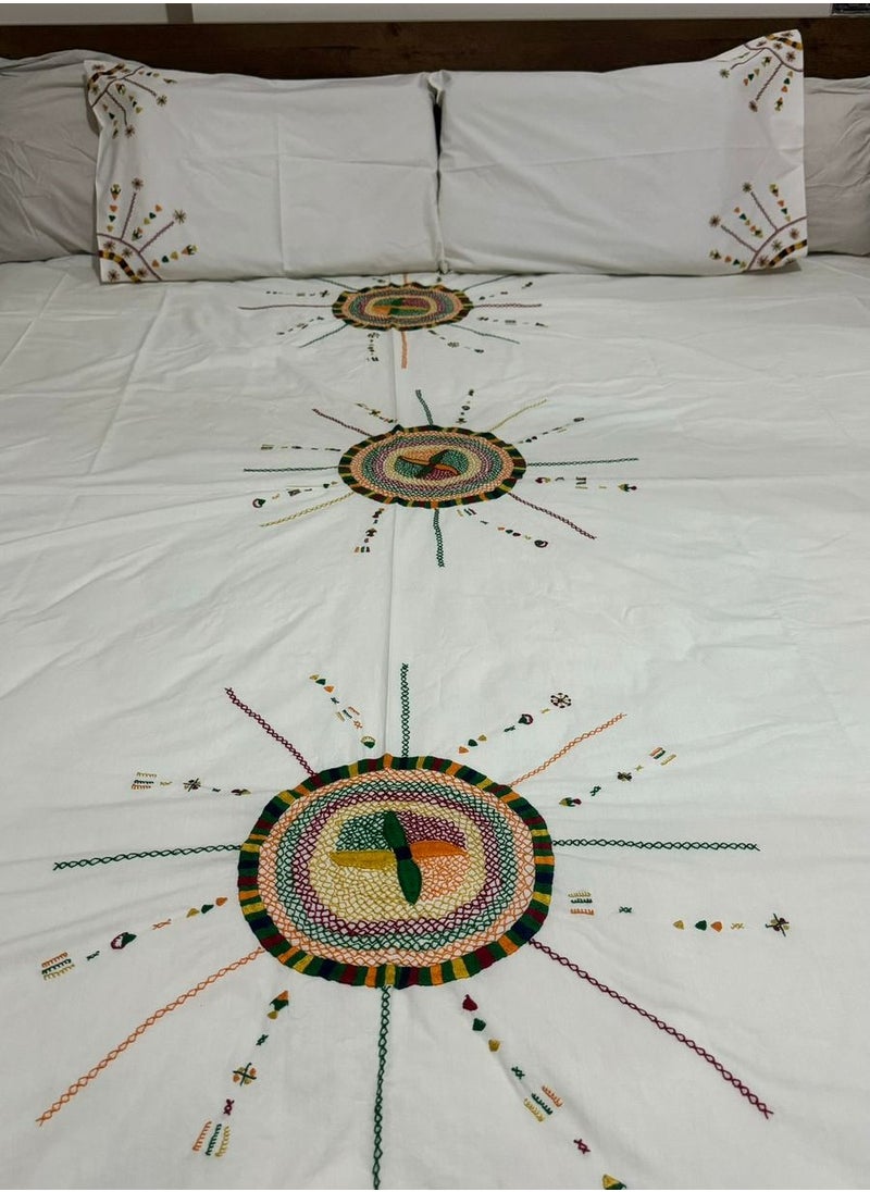 Handmade 'Sunrise Serenade' 100% Egyptian cotton king size bed sheet + 2 pillow cases with handmade embroidery  - Image 1
