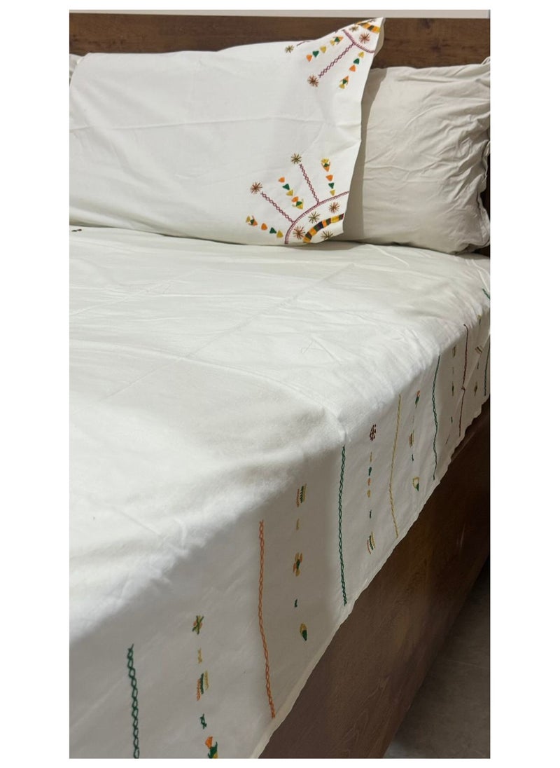 Handmade 'Sunrise Serenade' 100% Egyptian cotton king size bed sheet + 2 pillow cases with handmade embroidery  - Image 2