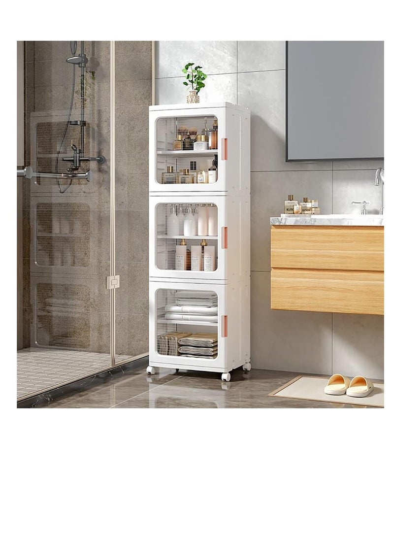 Generic Storage Cabinet Box Bathroom Corner Locker Kitchen Organizer Foldable with Adjustable Shelf and Clear Door for Baby Clothes Toys Snack Shoes Hats and Bags (3 Layer, White)  - Image 1
