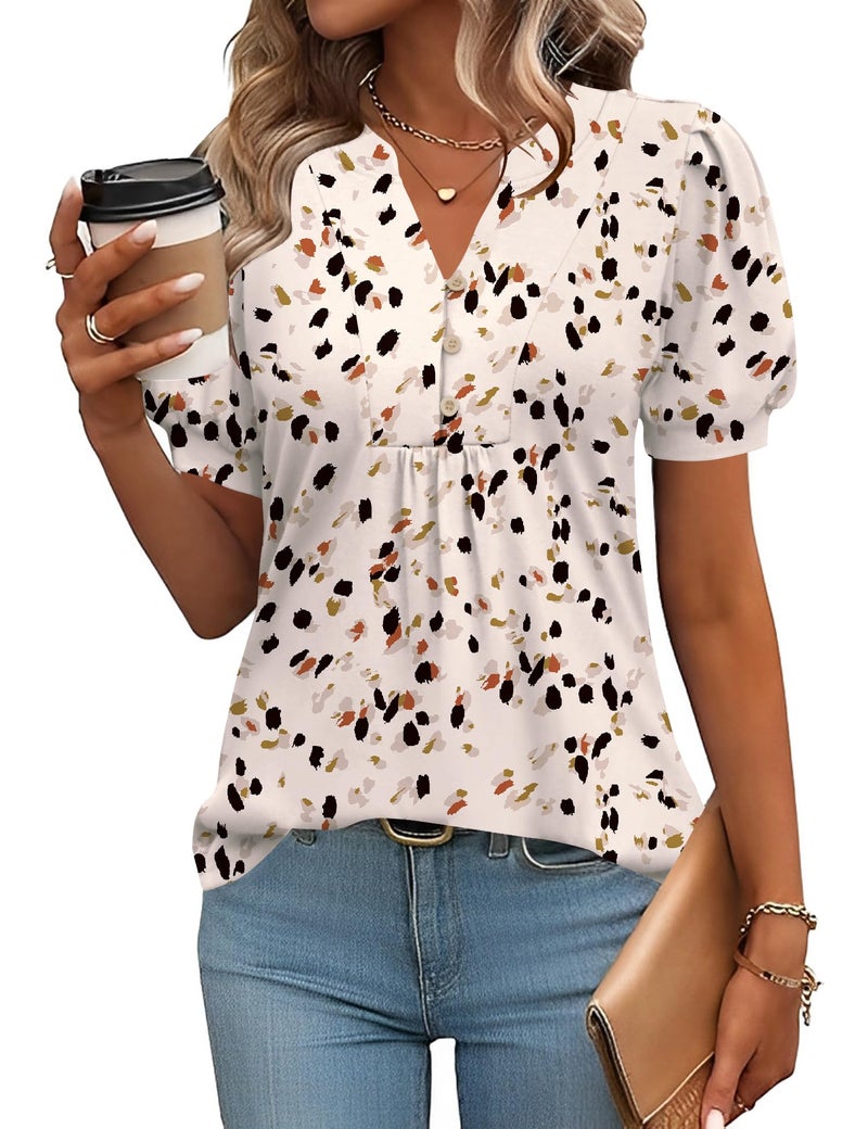 IECCP Puff Short Sleeve Womens Tops Button Up V-Neck Shirts Loose Fit Dressy Casual Blouses Pleated Ladies Tunic to Wear with Leggings (Apricot Polka Dots,M) - Image 1