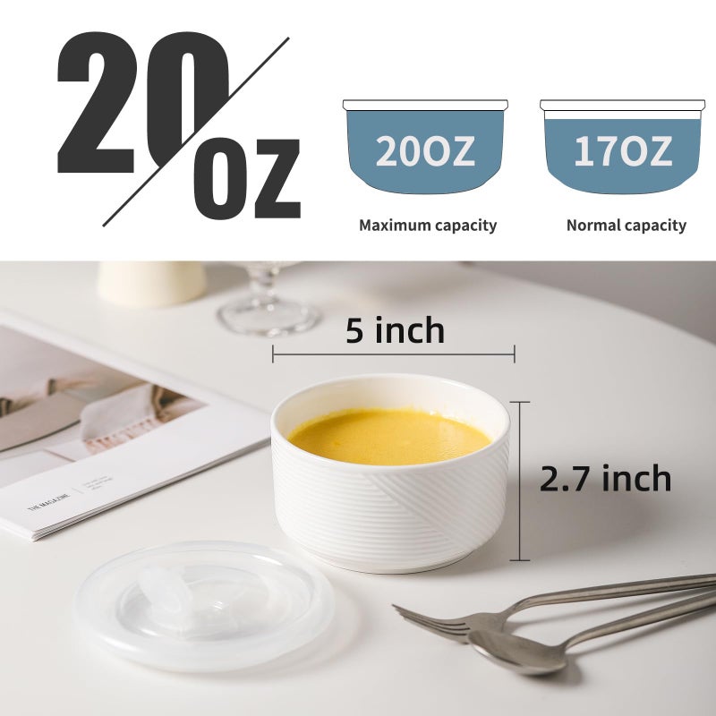Adewnest Ceramic Bowls with Lids: 20 oz Microwave Safe Food Storage Containers for Soup  Salad  Cereal  Leftovers  Meal Prep  Lunch  Picnic  Camping  Serving - Airtight  White  Set of 4 - Image 2