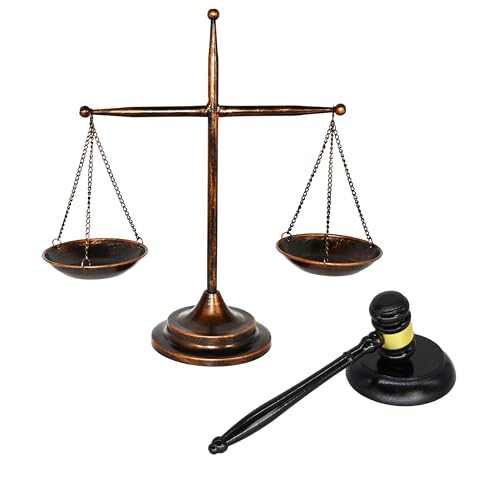 Owlgift Antique Metal Justice Represent Libra with Fixed Beam Jewelry Towerw Wooden Gavel and Block Set Lawyer Scale of Justice Judge Sound Block Set Auction Sale Bronze 126 W x 165 H - Image 1