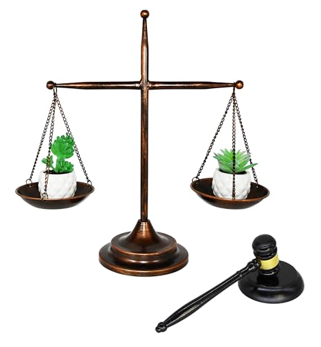 Owlgift Antique Metal Justice Represent Libra with Fixed Beam Jewelry Towerw Wooden Gavel and Block Set Lawyer Scale of Justice Judge Sound Block Set Auction Sale Bronze 126 W x 165 H - Image 3