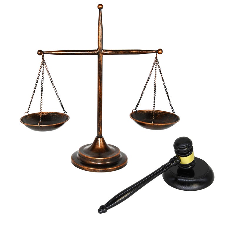 Owlgift Antique Metal Justice Represent Libra with Fixed Beam Jewelry Towerw Wooden Gavel and Block Set Lawyer Scale of Justice Judge Sound Block Set Auction Sale Bronze 126 W x 165 H - Image 2