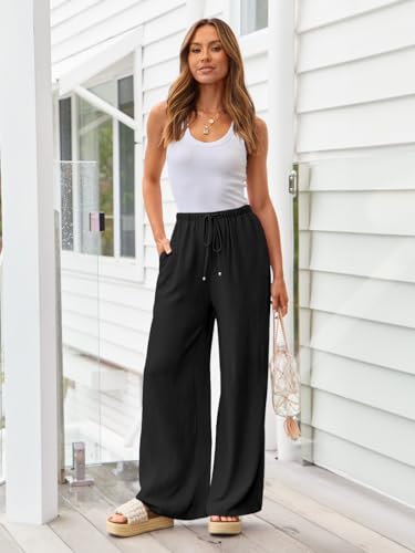 LILLUSORY Linen Wide Leg Pants Womens Palazzo Flowy Beach Vacation 2025 Summer Spring Fashion Outfits Clothes Clothing Trendy Skirt Cruise High Waisted Bohemian Travel Trousers with Pockets Black - Image 2