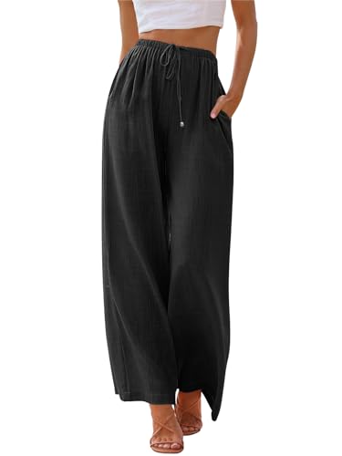 LILLUSORY Linen Wide Leg Pants Womens Palazzo Flowy Beach Vacation 2025 Summer Spring Fashion Outfits Clothes Clothing Trendy Skirt Cruise High Waisted Bohemian Travel Trousers with Pockets Black - Image 1