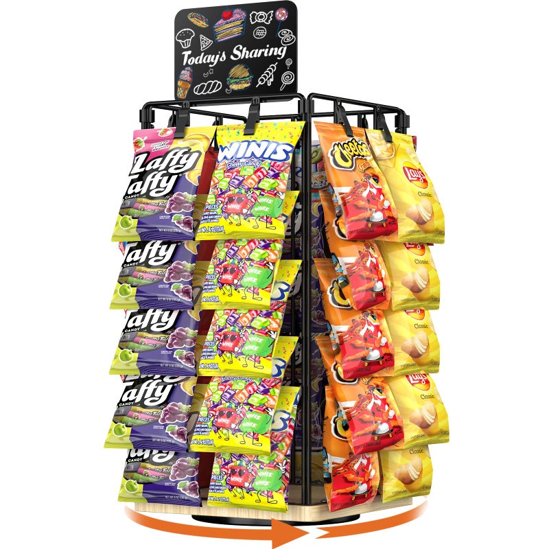 OFUSUY Chip Rack Display Stand, 5 Tiers 40 Clips Display Stand, 360Â°Rotating Wooden Base Chip Bag Holder for Concession Stand, Snack Organizer for Christmas Party, Retail, with Message Board - Image 1