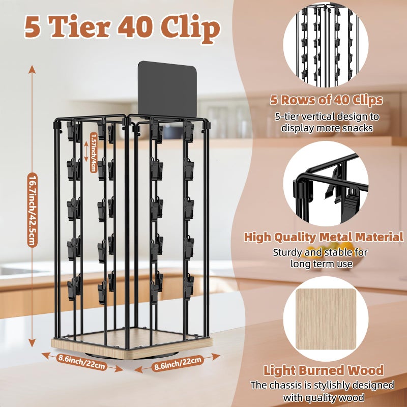 OFUSUY Chip Rack Display Stand, 5 Tiers 40 Clips Display Stand, 360Â°Rotating Wooden Base Chip Bag Holder for Concession Stand, Snack Organizer for Christmas Party, Retail, with Message Board - Image 3