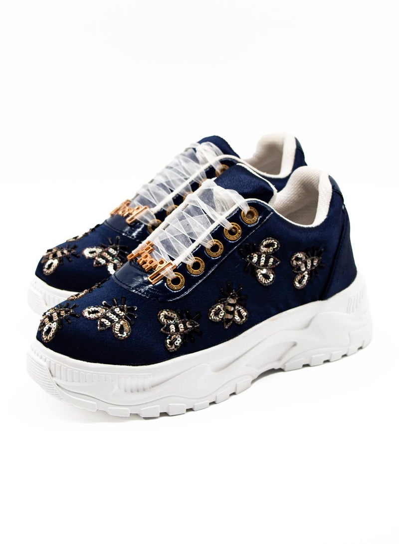 RETTROSE Kennedy Luxury Navy Blue Satin Handmade Embellished Women's Trainer Shoe – Gold Detailing, Long Lasting, Comfortable, Premium Design by RETTROSE - Image 2