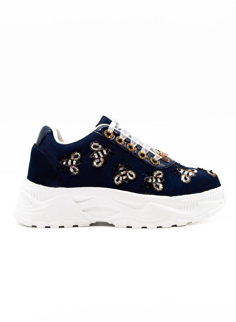 RETTROSE Kennedy Luxury Navy Blue Satin Handmade Embellished Women's Trainer Shoe – Gold Detailing, Long Lasting, Comfortable, Premium Design by RETTROSE - Image 1