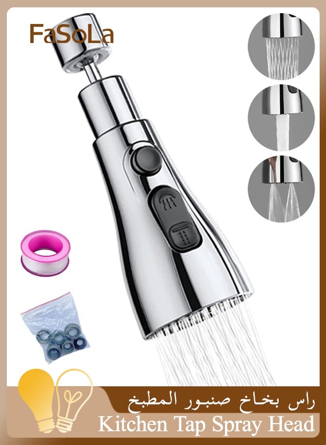 Fasola Kitchen Tap Spray Head, 360° Swivel Spout Faucet Extender 3 Modes, High Pressure Water Faucet Sprayer Aerator Attachment, FM22 FM24 G1/2 Kitchen Sink Tap Nozzle Replacement Head with Adapters (Silver) - Image 1