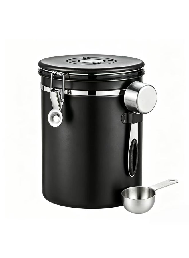 304 Stainless Steel Airtight Coffee Bean Storage Canister with Date Tracker and Measuring Spoon Holder, Matte Black - Image 1