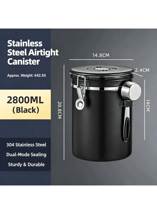 304 Stainless Steel Airtight Coffee Bean Storage Canister with Date Tracker and Measuring Spoon Holder, Matte Black - Image 2