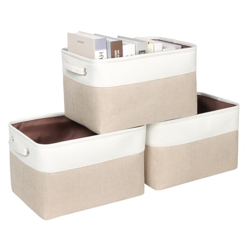 Kntiwiwo Foldable Storage Bin Collapsible Fabric Storage Basket Cube with Durable Handles Closet Organizer Bins for Organizing Shelves Drawers Set of 3 15 x 10 x 95 Beige - Image 1