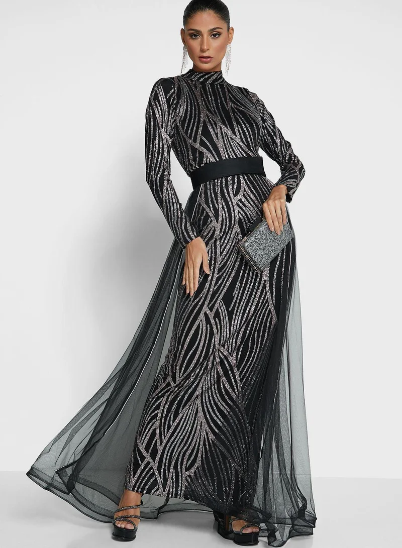Golden Apple Tulle High Neck Printed Dress