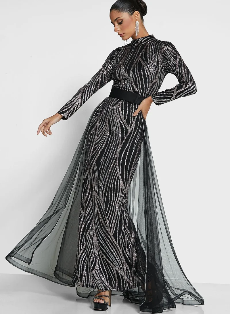 Golden Apple Tulle High Neck Printed Dress
