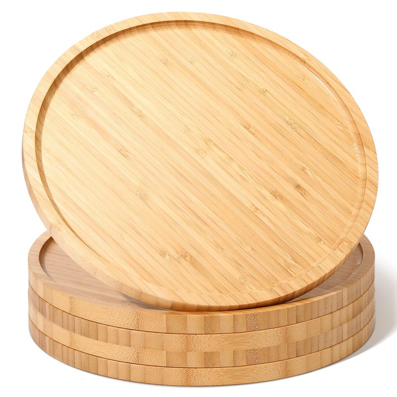 Meanplan 5 Pcs Round Bamboo Tray Wood Plates Round Charcuterie Board Round Serving Platter with Rim for Kitchen Fruit Bread Salad Plate Dinning Coffee Table Home Hotel Restaurant 118 Inch
