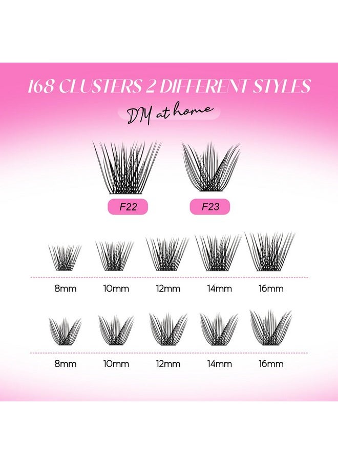 FADLASH - Lash Clusters Diy Eyelash Extensions 168 Clusters Lashes D Curl 0.07 Natural Individual Lash Extensions Mixed Tray False Eyelashes Soft & Strong Thin Band Diy At Home (F22+F23 0.07D 8 16Mm) - Image 1