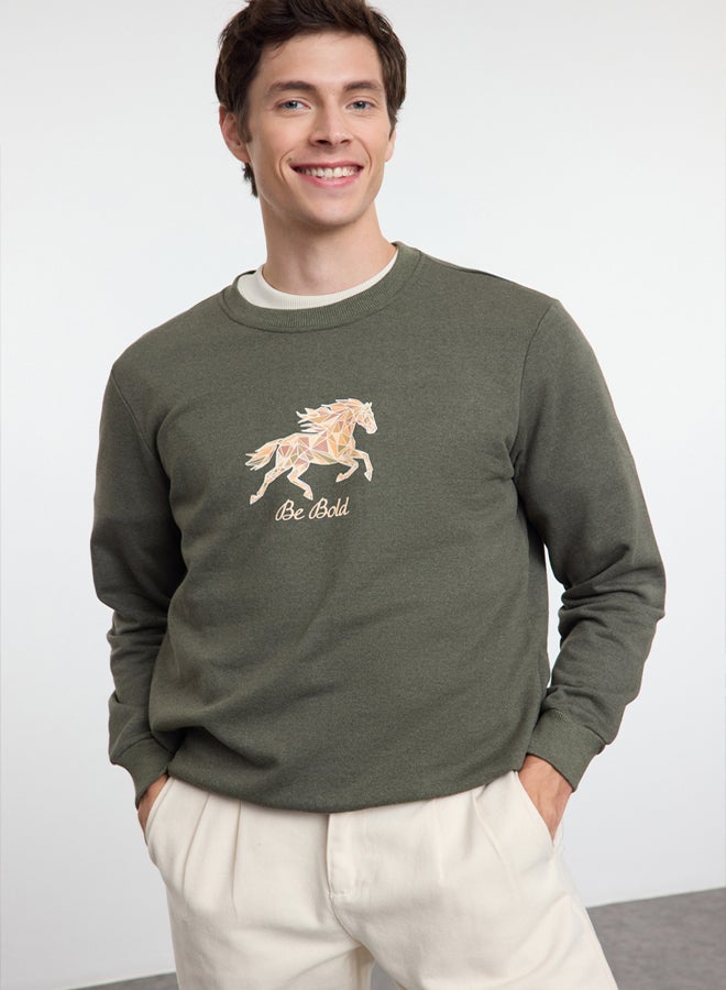 trendyol Khaki Regular/Normal Cut Animal Printed Inside Polar Fleece Sweatshirt - Image 2