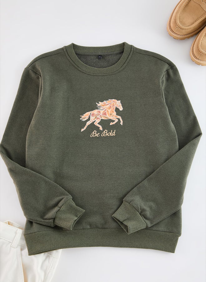 trendyol Khaki Regular/Normal Cut Animal Printed Inside Polar Fleece Sweatshirt - Image 5