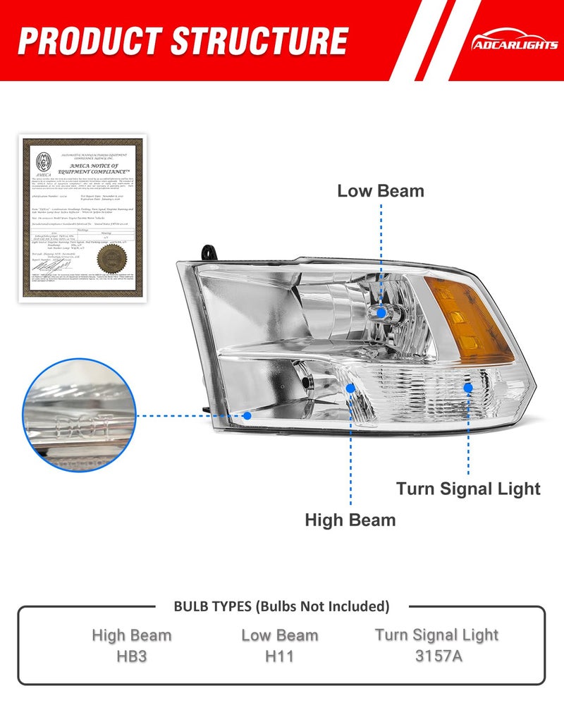 ADCARLIGHTS for 2010 2011 2012 2013 2014 2015 2016 2017 2018 Dodge Ram Headlight Assembly compatible with 10-18 Ram 1500/10-18 Ram 2500 3500 Chrome Housing Amber Reflector Headlamp Replacement - Image 4