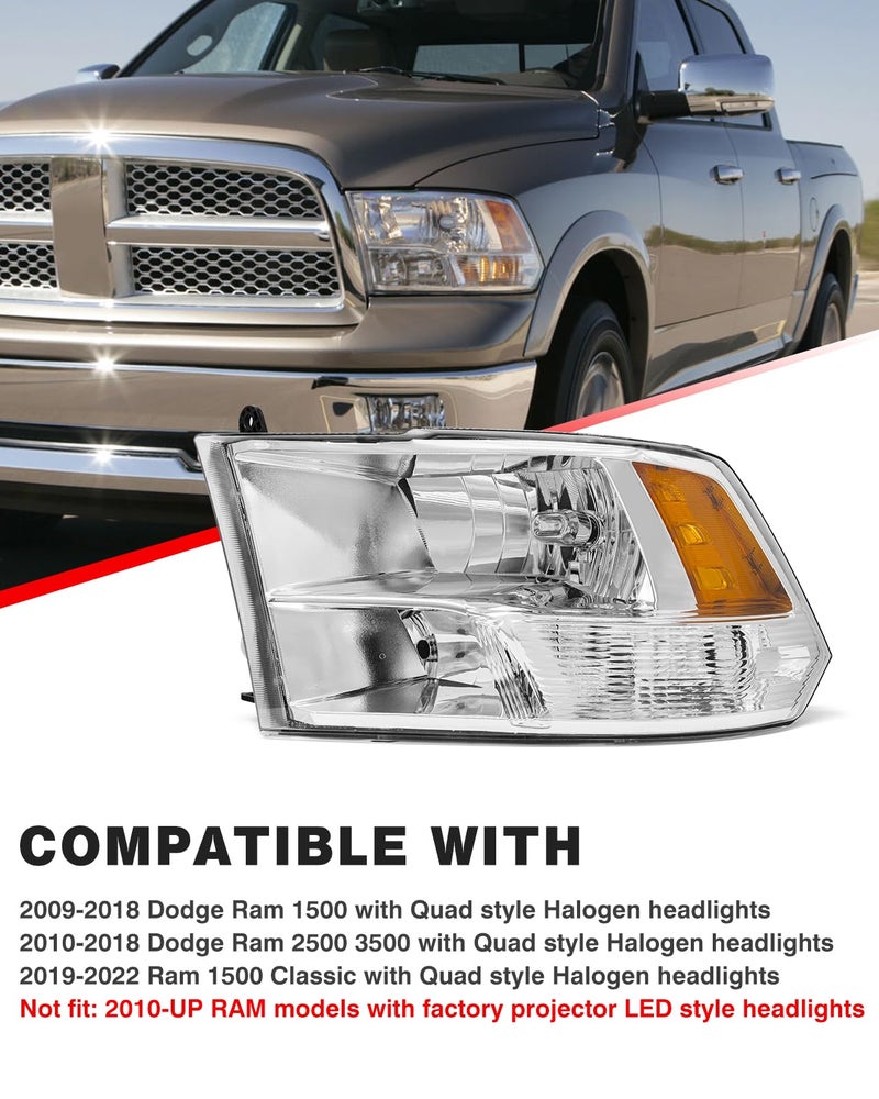 ADCARLIGHTS for 2010 2011 2012 2013 2014 2015 2016 2017 2018 Dodge Ram Headlight Assembly compatible with 10-18 Ram 1500/10-18 Ram 2500 3500 Chrome Housing Amber Reflector Headlamp Replacement - Image 3