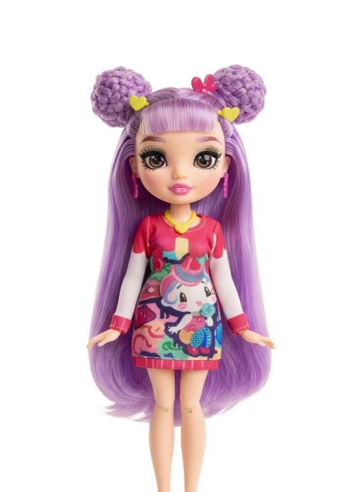 بريميم دمية تصفيف شعر باللونين الوردي والبنفسجي مع فرشاة وقناع وفستان أنيق - Image 1