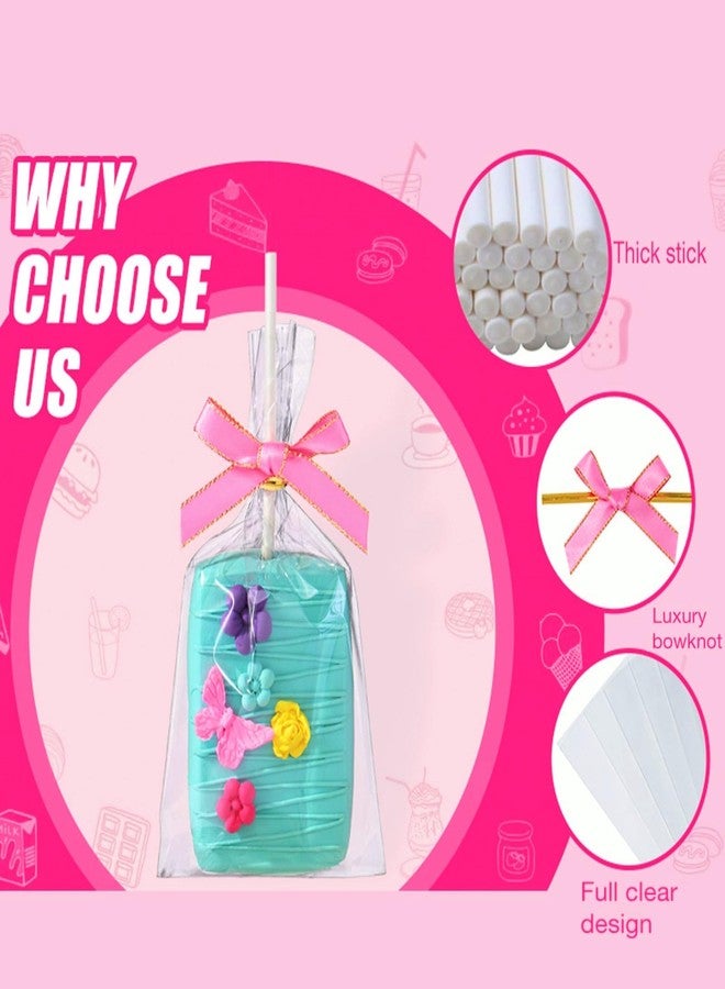RomanticBaking 50 Sets Clear Rice Krispie Treat Bags with Pink Ribbon Bow and Stick & Flat Cellophane Clear Bags for Rice Krispie Treats Gift Giving Bag(Pink) - Image 3