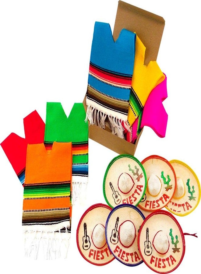 More Fiesta Set of 6 Serapes for Bottles and Mini Fiesta Hats for Bottles - 4 Inches by 11 Inches Poncho Cover, 3.5 Inches Wide Sombrero For Cinco De Mayo Party Decoration (6 of Each) Multicolored - Image 4