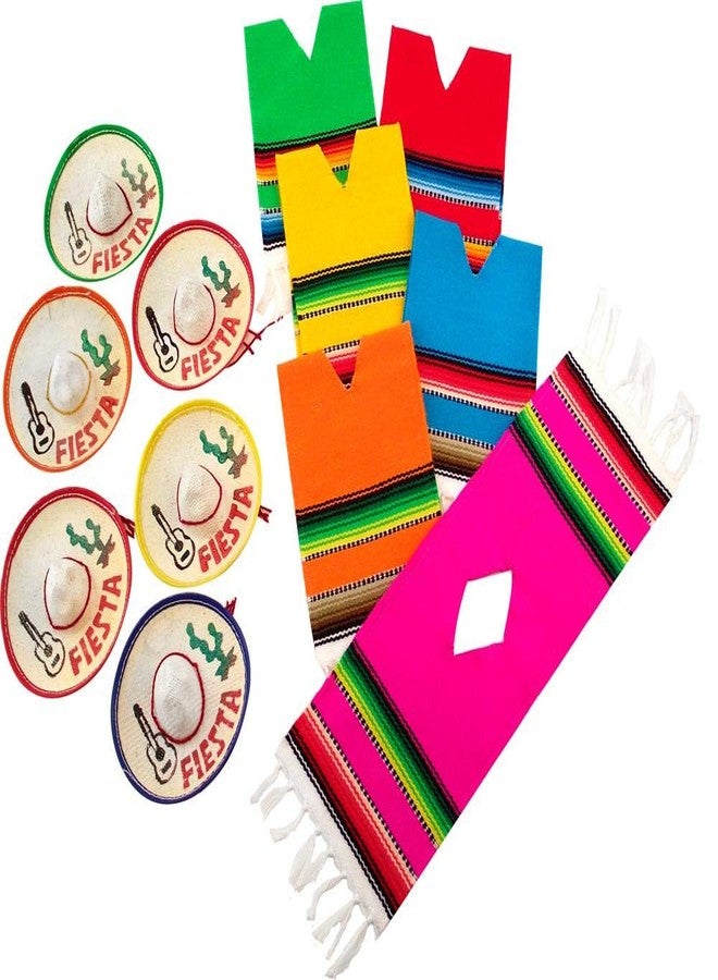 More Fiesta Set of 6 Serapes for Bottles and Mini Fiesta Hats for Bottles - 4 Inches by 11 Inches Poncho Cover, 3.5 Inches Wide Sombrero For Cinco De Mayo Party Decoration (6 of Each) Multicolored - Image 3